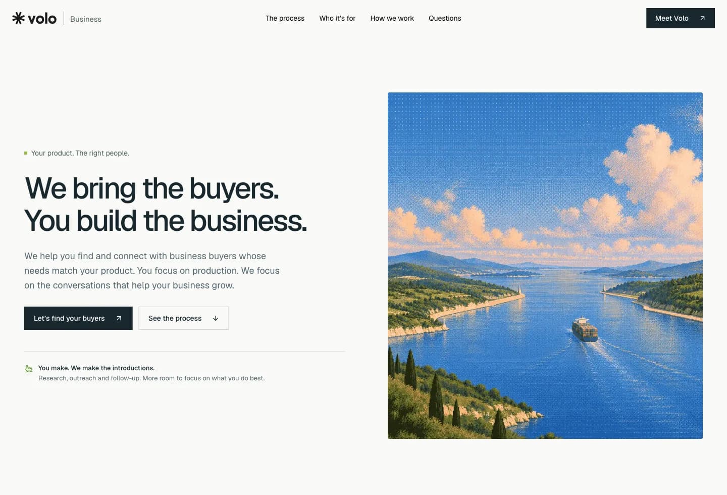 The Volo Business website, introducing its buyer research and outreach service.