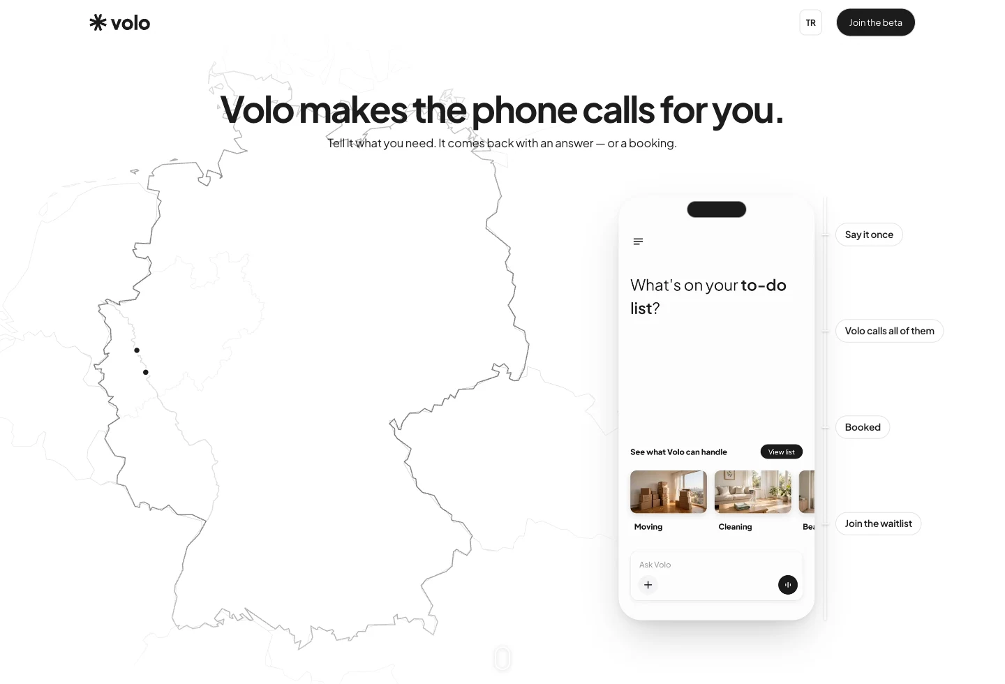 The Volo website, introducing its AI phone assistant.
